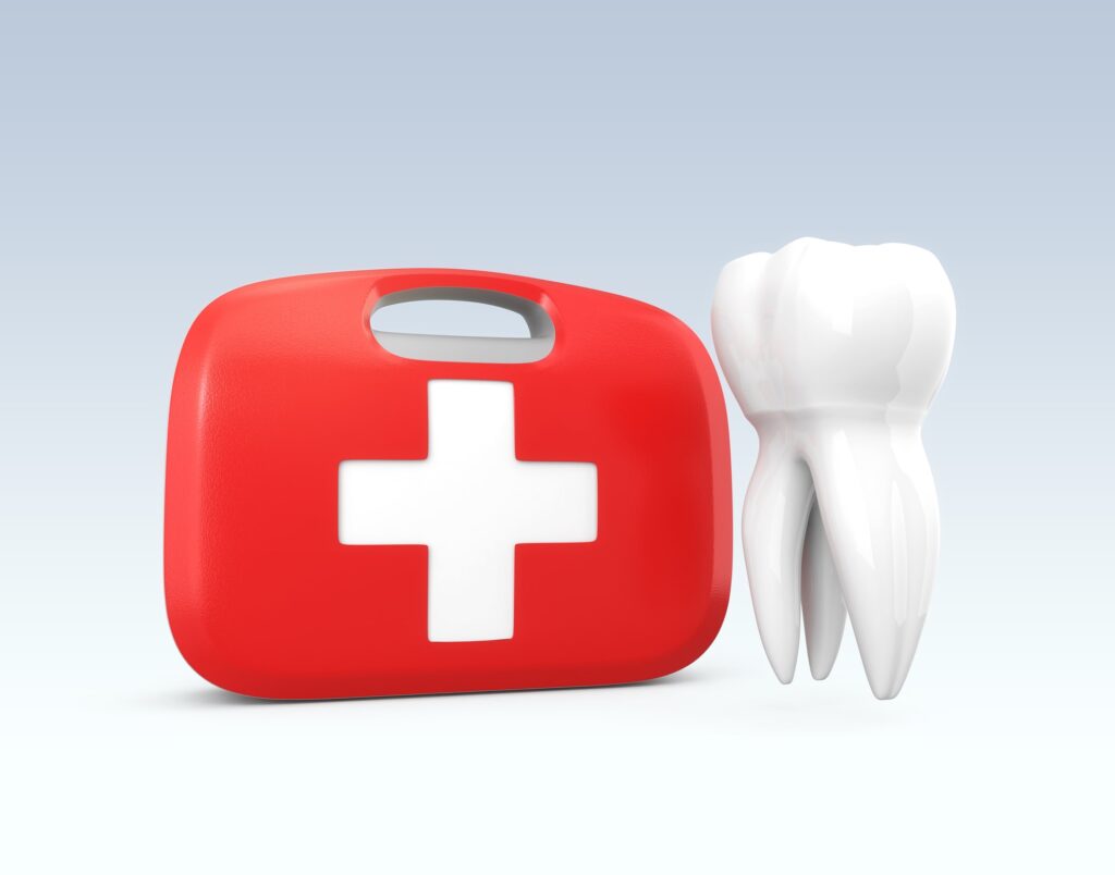 3D illustration of an emergency kit and a tooth